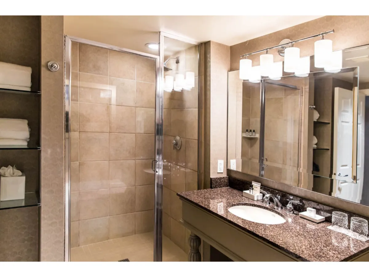 This image showcases a serene bathroom space with a granite countertop, a large, well-lit mirror, and a visible shower enclosure. The soft lighting enhances the tranquil mood, and the arrangement suggests a space designed for relaxation and self-care routines.